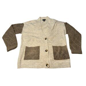 Tribal Women Medium Colorblock Cardigan Beige Brown Knit V-Neck 3-Button 21"x25"